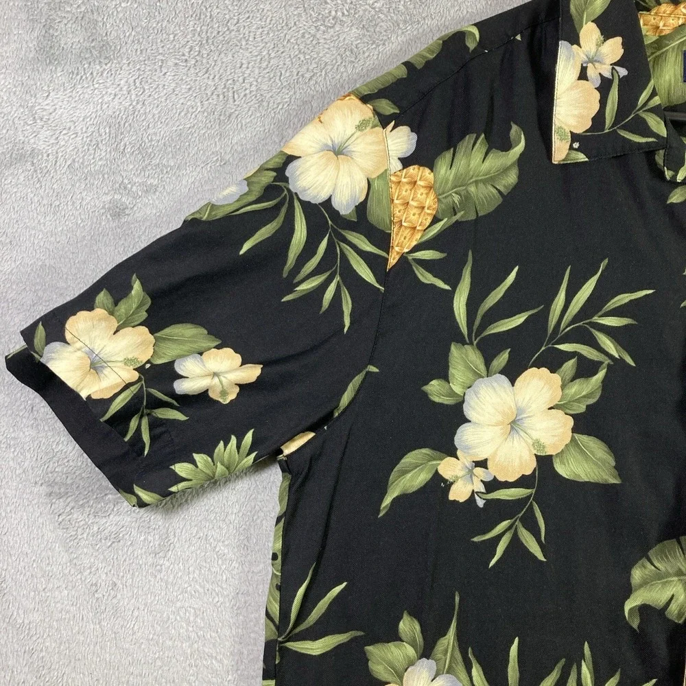 Caribbean Joe Hawaiian Shirt Men Large Black Floral Pineapple Button Up Aloha